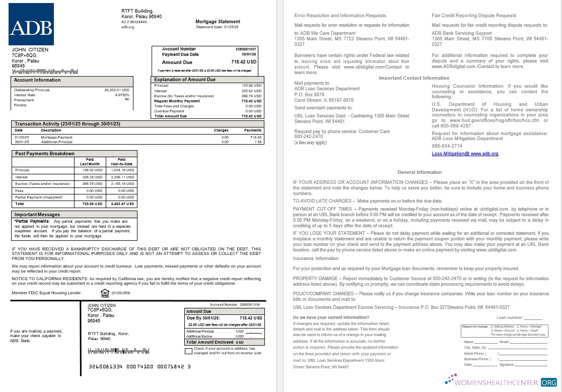 Download Palau ADB mortgage statement in Word and PDF formats Photoshop template